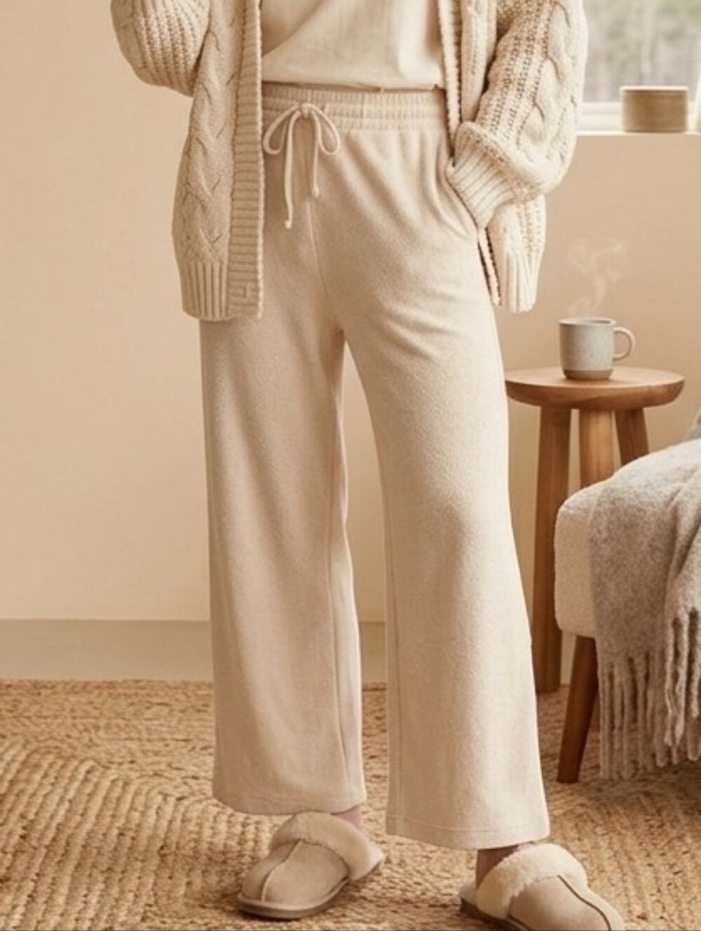 Cozy Wide-Leg Drawstring Pants — Cream